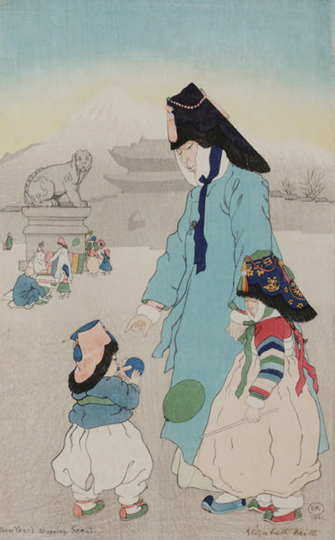 Bayramda zarif renkli hanbok giymiş anne ve çocukları (Elizabeth Keith)